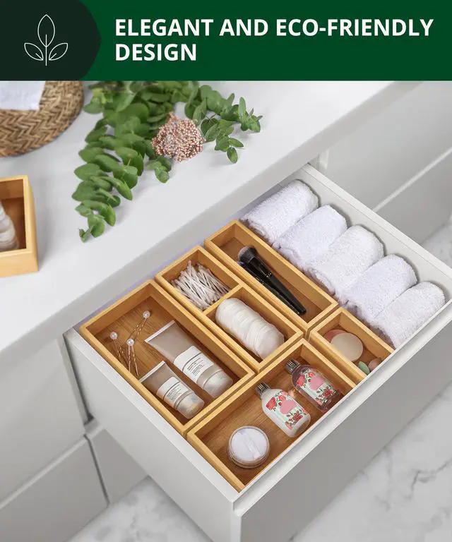 Alt view image 7 of 7 - 5-Piece Bamboo Drawer Organizer Set Multi-Use Storage Trays for Kitchen, Bathroom, Office, Makeup, Jewelry & More Junk Drawer Tray, Utensil Holder, Storage Box & Bin Set (5 Boxes)