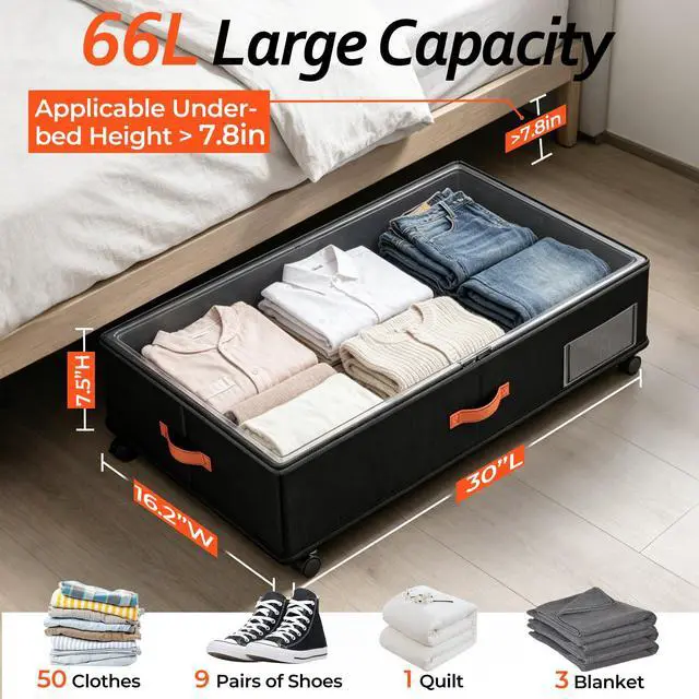 Alt view image 2 of 7 - Under Bed Storage with Wheels 2-Pack, Under Bed Storage Containers 66L Clear Lids, Rolling Storage Drawers for Clothes Shoes Blankets, Underbed Organizer Bins(30" L x 16.2" W x 7.5" H)
