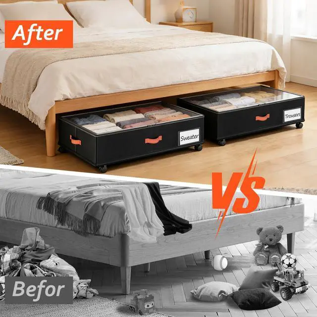 Alt view image 4 of 7 - Under Bed Storage with Wheels 2-Pack, Under Bed Storage Containers 66L Clear Lids, Rolling Storage Drawers for Clothes Shoes Blankets, Underbed Organizer Bins(30" L x 16.2" W x 7.5" H)