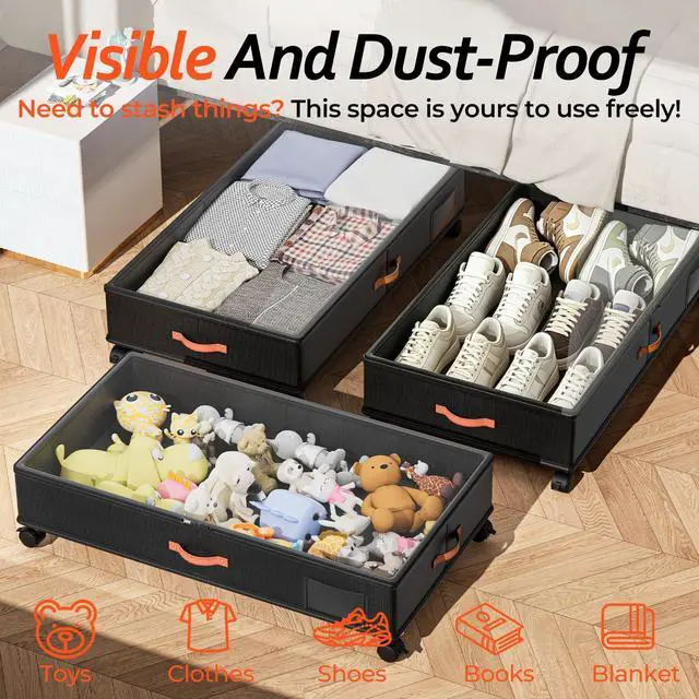 Alt view image 6 of 7 - Under Bed Storage with Wheels 2-Pack, Under Bed Storage Containers 66L Clear Lids, Rolling Storage Drawers for Clothes Shoes Blankets, Underbed Organizer Bins(30" L x 16.2" W x 7.5" H)
