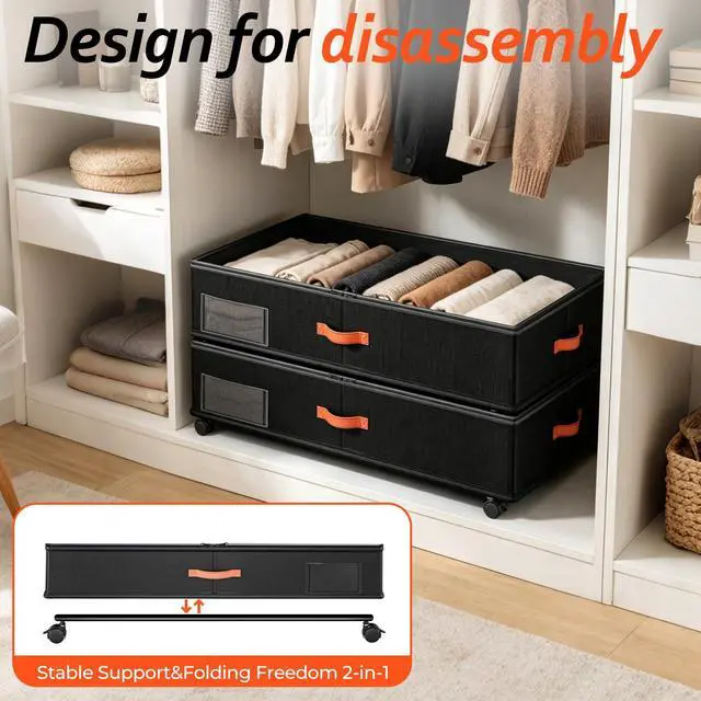Alt view image 7 of 7 - Under Bed Storage with Wheels 2-Pack, Under Bed Storage Containers 66L Clear Lids, Rolling Storage Drawers for Clothes Shoes Blankets, Underbed Organizer Bins(30" L x 16.2" W x 7.5" H)