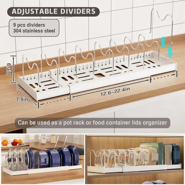 Alt view image 2 of 6 - 2 Pack Expandable Food Storage Container Lid Organizers, 22" Pots and Pans Organizer Under Cabinet with 9 Adjustable Dividers Pot and Pan Lid Holders Rack Inside Cabinet(White)