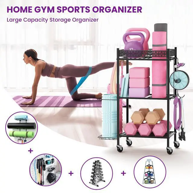 Alt view image 2 of 7 - Yoga Mat Storage Rack, Home Gym Storage Rack Yoga Mat Holder, Workout Storage for Yoga Mat, Foam Roller, Gym Organizer Gym Equipment Storage for Home Exercise and Fitness Gear (Metal)