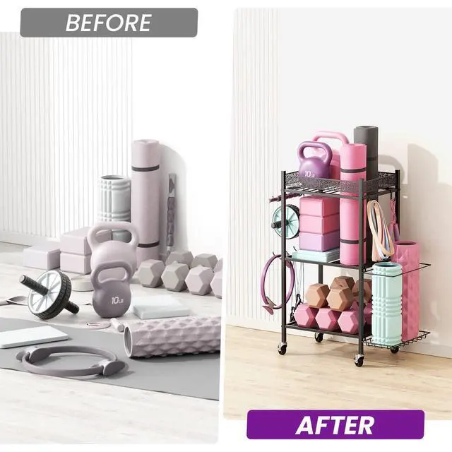 Alt view image 6 of 7 - Yoga Mat Storage Rack, Home Gym Storage Rack Yoga Mat Holder, Workout Storage for Yoga Mat, Foam Roller, Gym Organizer Gym Equipment Storage for Home Exercise and Fitness Gear (Metal)