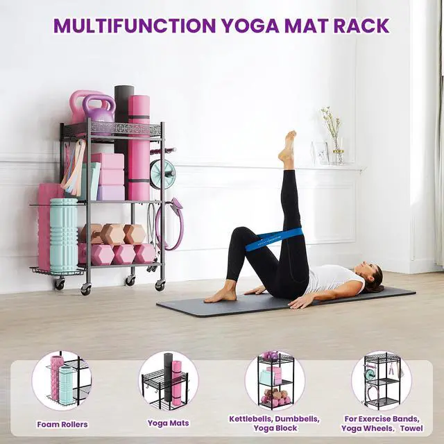 Alt view image 7 of 7 - Yoga Mat Storage Rack, Home Gym Storage Rack Yoga Mat Holder, Workout Storage for Yoga Mat, Foam Roller, Gym Organizer Gym Equipment Storage for Home Exercise and Fitness Gear (Metal)