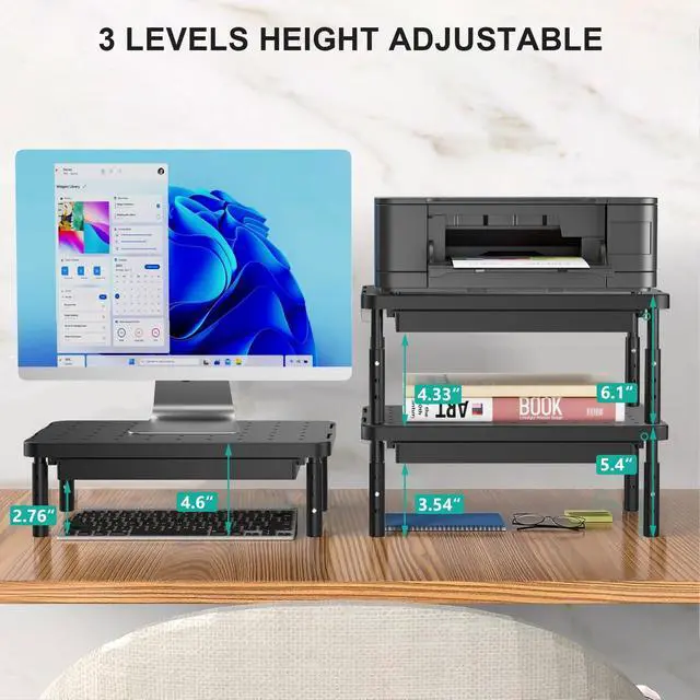 Alt view image 3 of 7 - Computer Monitor Stand with Storage, Desk Monitor Riser 3 Height Adjustable, Laptop Riser with Airflow Vents, Desk Organizer for Computer, Laptop, Printer (PTT002-B), 1 Pack, Black
