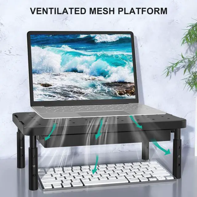 Alt view image 4 of 7 - Computer Monitor Stand with Storage, Desk Monitor Riser 3 Height Adjustable, Laptop Riser with Airflow Vents, Desk Organizer for Computer, Laptop, Printer (PTT002-B), 1 Pack, Black