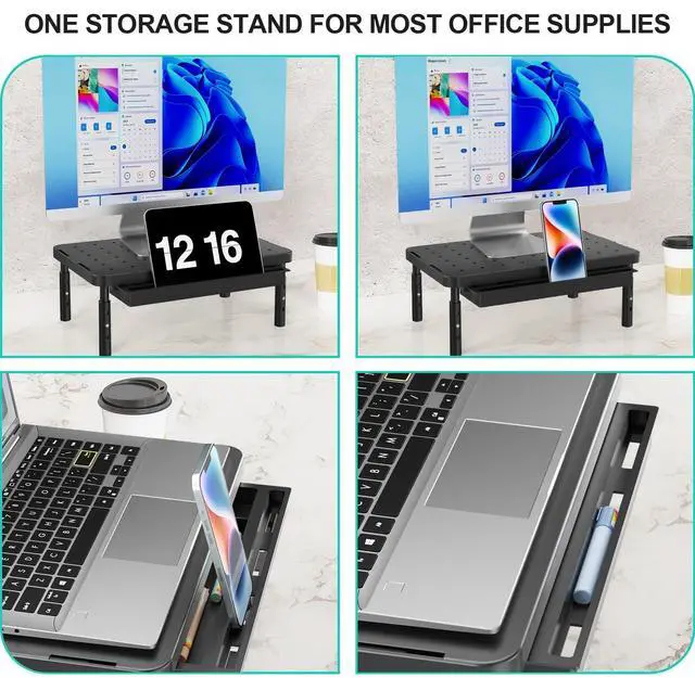 Alt view image 5 of 7 - Computer Monitor Stand with Storage, Desk Monitor Riser 3 Height Adjustable, Laptop Riser with Airflow Vents, Desk Organizer for Computer, Laptop, Printer (PTT002-B), 1 Pack, Black