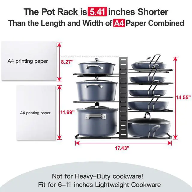 Alt view image 2 of 7 - Pots and Pans Organizer Under Cabinet 14.55" Height, Adjustable 8-Tier Pot Organizers inside Cabinet, Kitchen Organizers and Storage Fit 6-11 inch Lightweight Cookware