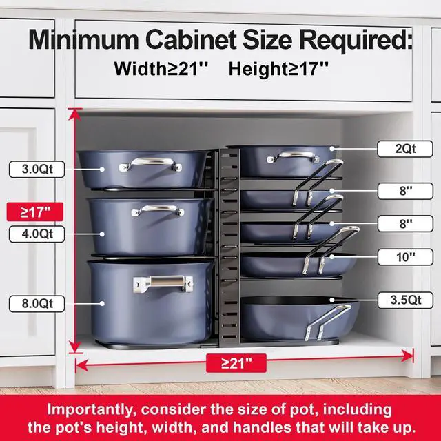 Alt view image 3 of 7 - Pots and Pans Organizer Under Cabinet 14.55" Height, Adjustable 8-Tier Pot Organizers inside Cabinet, Kitchen Organizers and Storage Fit 6-11 inch Lightweight Cookware