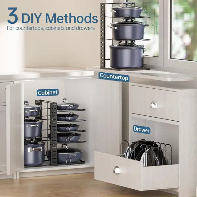 Alt view image 6 of 7 - Pots and Pans Organizer Under Cabinet 14.55" Height, Adjustable 8-Tier Pot Organizers inside Cabinet, Kitchen Organizers and Storage Fit 6-11 inch Lightweight Cookware
