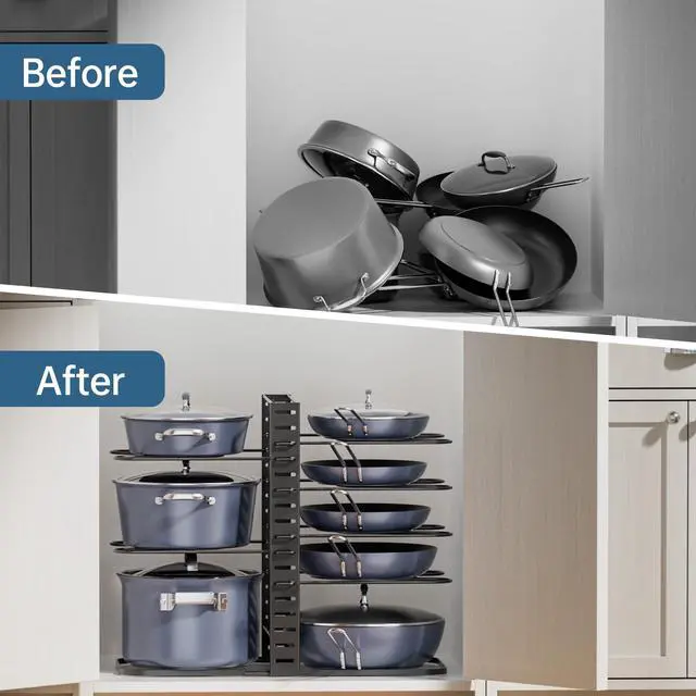 Alt view image 7 of 7 - Pots and Pans Organizer Under Cabinet 14.55" Height, Adjustable 8-Tier Pot Organizers inside Cabinet, Kitchen Organizers and Storage Fit 6-11 inch Lightweight Cookware