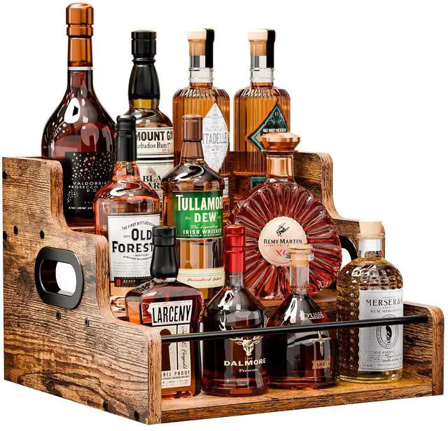 Main image of Liquor Bottle Display Shelf, Coffee Syrup Rack Organizer, 3 Step Countertop Liquor Wine Rack, mini bar,liquor cabinet, Home Retro Bar Shelf Stand for Liquor Whiskey, Spirits