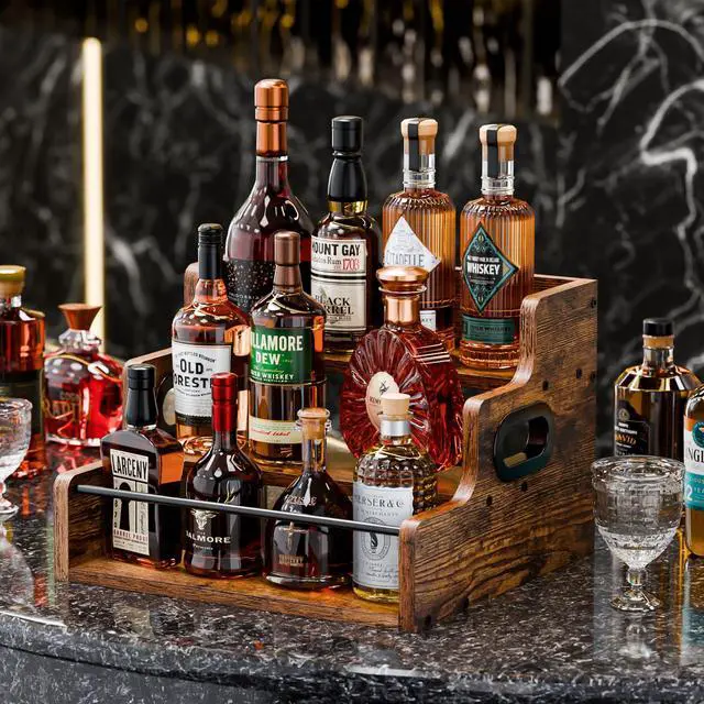 Alt view image 2 of 7 - Liquor Bottle Display Shelf, Coffee Syrup Rack Organizer, 3 Step Countertop Liquor Wine Rack, mini bar,liquor cabinet, Home Retro Bar Shelf Stand for Liquor Whiskey, Spirits