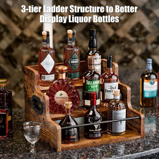Alt view image 5 of 7 - Liquor Bottle Display Shelf, Coffee Syrup Rack Organizer, 3 Step Countertop Liquor Wine Rack, mini bar,liquor cabinet, Home Retro Bar Shelf Stand for Liquor Whiskey, Spirits