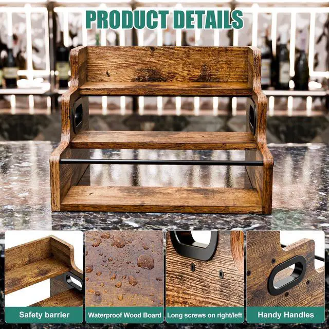 Alt view image 6 of 7 - Liquor Bottle Display Shelf, Coffee Syrup Rack Organizer, 3 Step Countertop Liquor Wine Rack, mini bar,liquor cabinet, Home Retro Bar Shelf Stand for Liquor Whiskey, Spirits