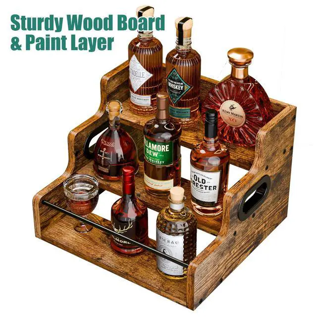 Alt view image 7 of 7 - Liquor Bottle Display Shelf, Coffee Syrup Rack Organizer, 3 Step Countertop Liquor Wine Rack, mini bar,liquor cabinet, Home Retro Bar Shelf Stand for Liquor Whiskey, Spirits