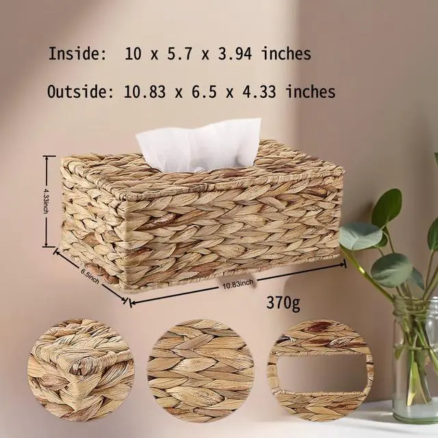 Alt view image 2 of 7 - Water Hyacinth Tissue Box Cover, Natural Wicker Woven Facial Tissue Holder, Napkin Box, Hand Woven Storage Box for Bathroom Living Room Toilet Desk Table Home Office Car (Rectangle)