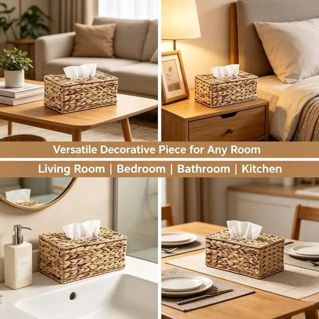 Alt view image 3 of 7 - Water Hyacinth Tissue Box Cover, Natural Wicker Woven Facial Tissue Holder, Napkin Box, Hand Woven Storage Box for Bathroom Living Room Toilet Desk Table Home Office Car (Rectangle)