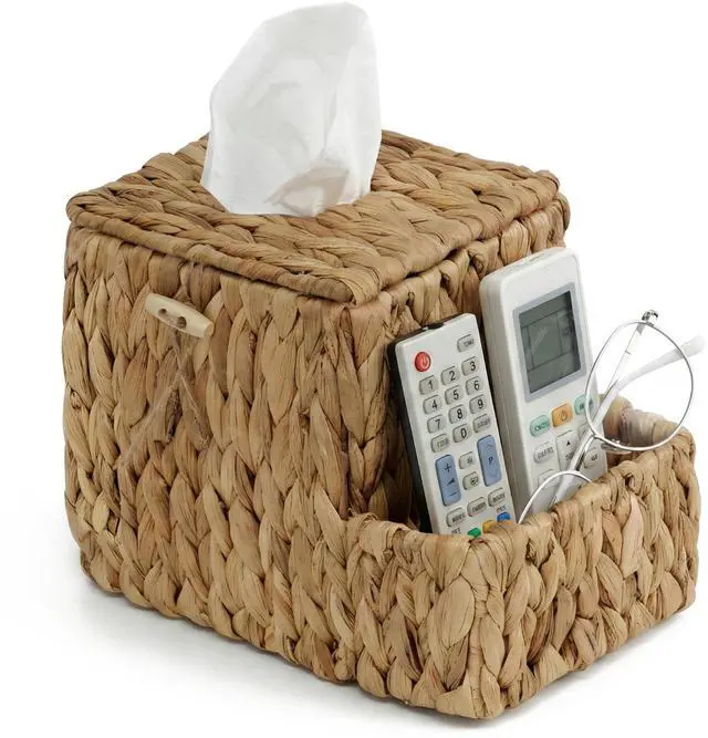 Main image of Water Hyacinth Tissue Box Cover with Side Organizer, Handwoven Wicker Napkin Box Holder with Metal Frame, Boho Farmhouse Tissue Box Storage for Kitchen, Bedroom & Living Room