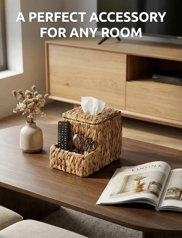 Alt view image 2 of 7 - Water Hyacinth Tissue Box Cover with Side Organizer, Handwoven Wicker Napkin Box Holder with Metal Frame, Boho Farmhouse Tissue Box Storage for Kitchen, Bedroom & Living Room