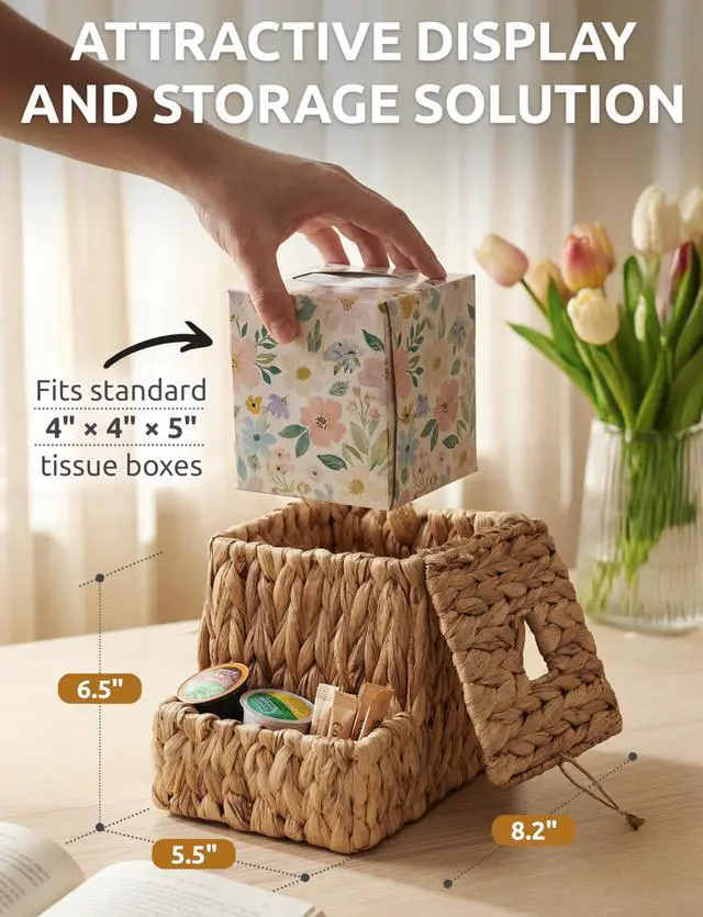 Alt view image 3 of 7 - Water Hyacinth Tissue Box Cover with Side Organizer, Handwoven Wicker Napkin Box Holder with Metal Frame, Boho Farmhouse Tissue Box Storage for Kitchen, Bedroom & Living Room