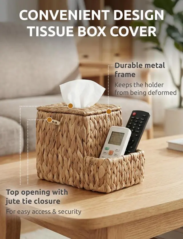 Alt view image 5 of 7 - Water Hyacinth Tissue Box Cover with Side Organizer, Handwoven Wicker Napkin Box Holder with Metal Frame, Boho Farmhouse Tissue Box Storage for Kitchen, Bedroom & Living Room