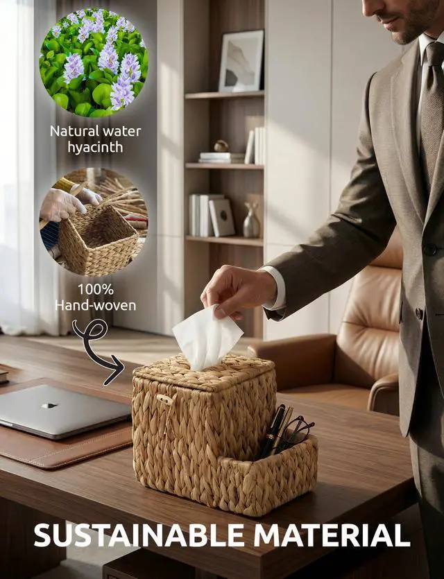 Alt view image 4 of 7 - Water Hyacinth Tissue Box Cover with Side Organizer, Handwoven Wicker Napkin Box Holder with Metal Frame, Boho Farmhouse Tissue Box Storage for Kitchen, Bedroom & Living Room