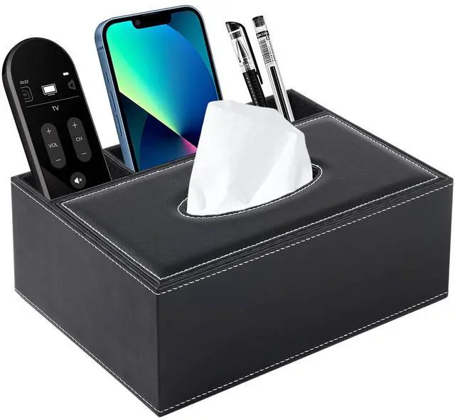 Main image of Multifunction PU Leather Tissue Box Cover Rectangular Upgrade Large Size Stationery Napkin Remote Control Holder Storage Box,Facial Tissue Dispenser Desk Organizer Caddy Home Office Supplies (Black)