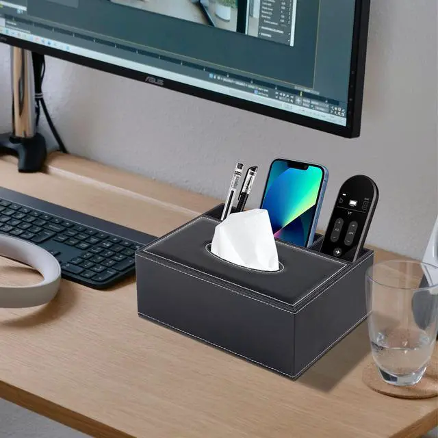 Alt view image 2 of 7 - Multifunction PU Leather Tissue Box Cover Rectangular Upgrade Large Size Stationery Napkin Remote Control Holder Storage Box,Facial Tissue Dispenser Desk Organizer Caddy Home Office Supplies (Black)
