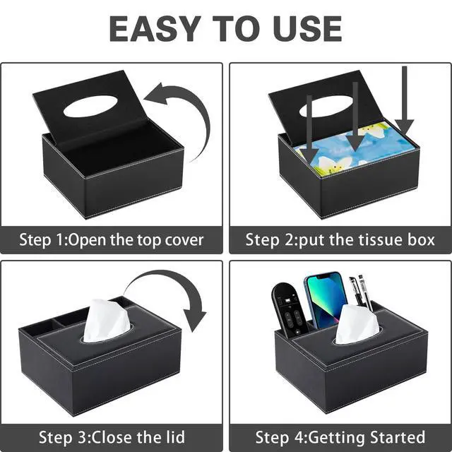 Alt view image 6 of 7 - Multifunction PU Leather Tissue Box Cover Rectangular Upgrade Large Size Stationery Napkin Remote Control Holder Storage Box,Facial Tissue Dispenser Desk Organizer Caddy Home Office Supplies (Black)