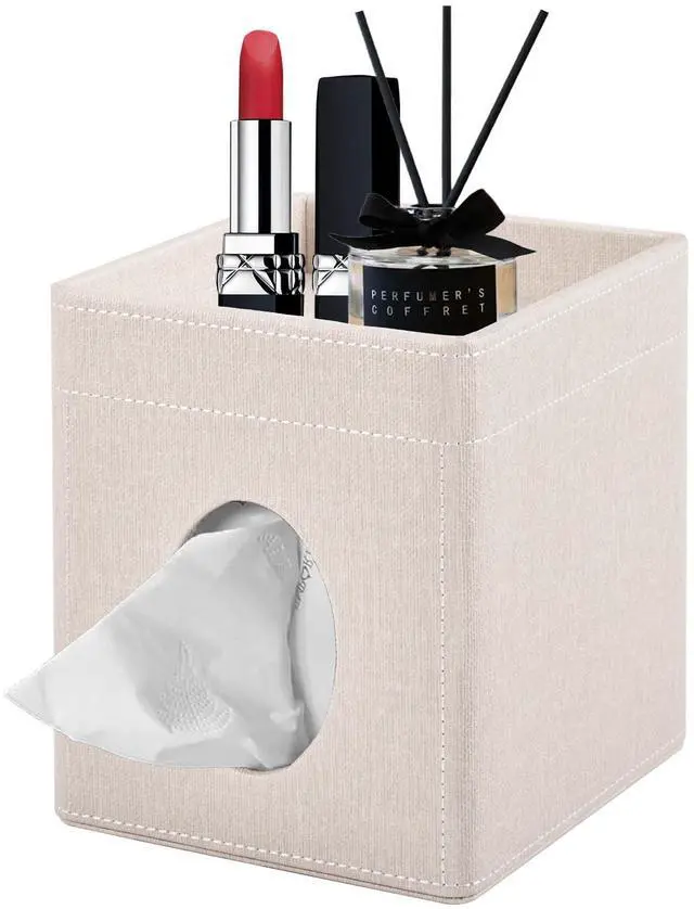 Main image of Tissue Box Cover with Storage Tray Square Tissue Box Holder PU Leather Facial Tissues Organizer Tray for Bathroom Vanity Bedroom Office Car,Stylish Napkin Caddy Decorative Organizer,Beige