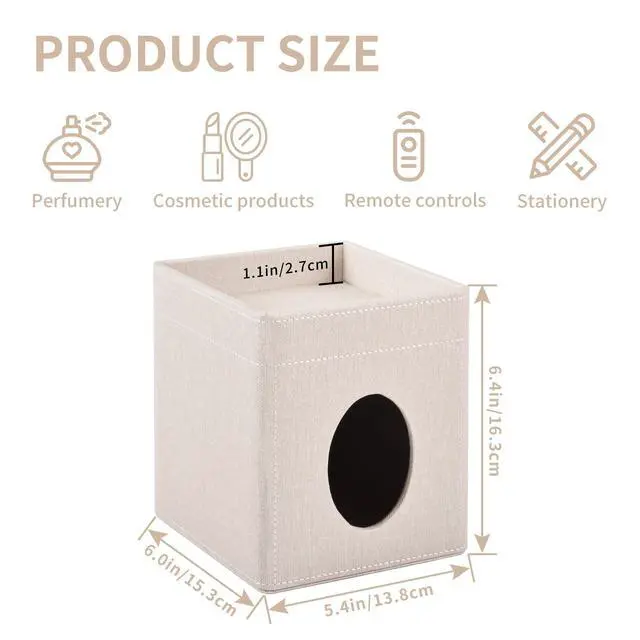 Alt view image 3 of 7 - Tissue Box Cover with Storage Tray Square Tissue Box Holder PU Leather Facial Tissues Organizer Tray for Bathroom Vanity Bedroom Office Car,Stylish Napkin Caddy Decorative Organizer,Beige