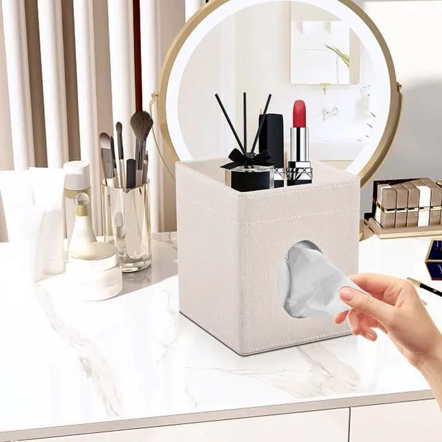 Alt view image 4 of 7 - Tissue Box Cover with Storage Tray Square Tissue Box Holder PU Leather Facial Tissues Organizer Tray for Bathroom Vanity Bedroom Office Car,Stylish Napkin Caddy Decorative Organizer,Beige