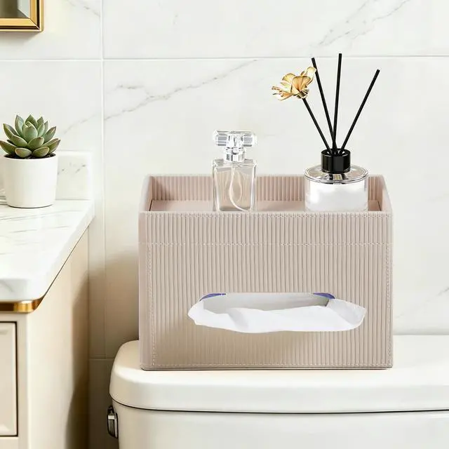 Alt view image 2 of 7 - Tissue Box Cover Rectangle with Storage Tray, PU Leather Tissue Holder for Bathroom Vanity Countertop Night Stands Bedroom Office Desk, Stylish Rectangular Tissue Box Holder (Beige)