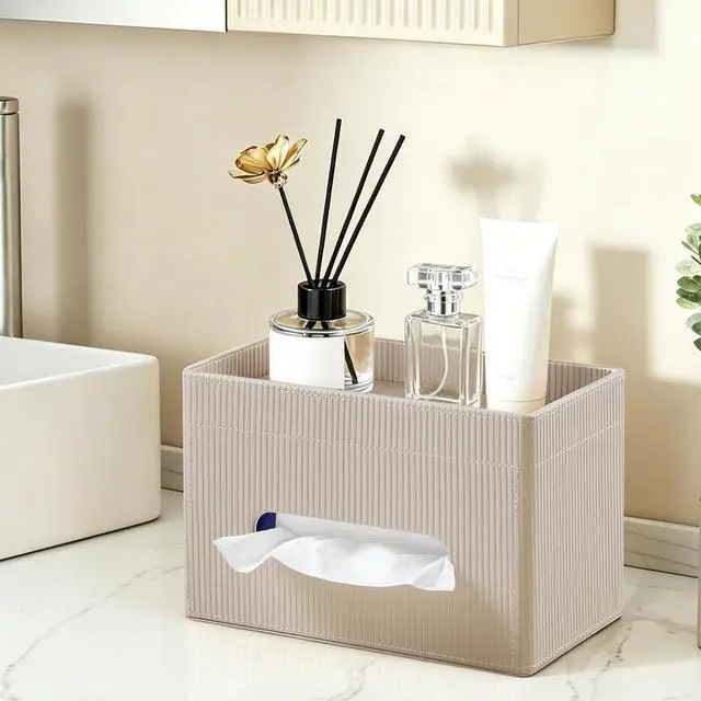 Alt view image 5 of 7 - Tissue Box Cover Rectangle with Storage Tray, PU Leather Tissue Holder for Bathroom Vanity Countertop Night Stands Bedroom Office Desk, Stylish Rectangular Tissue Box Holder (Beige)
