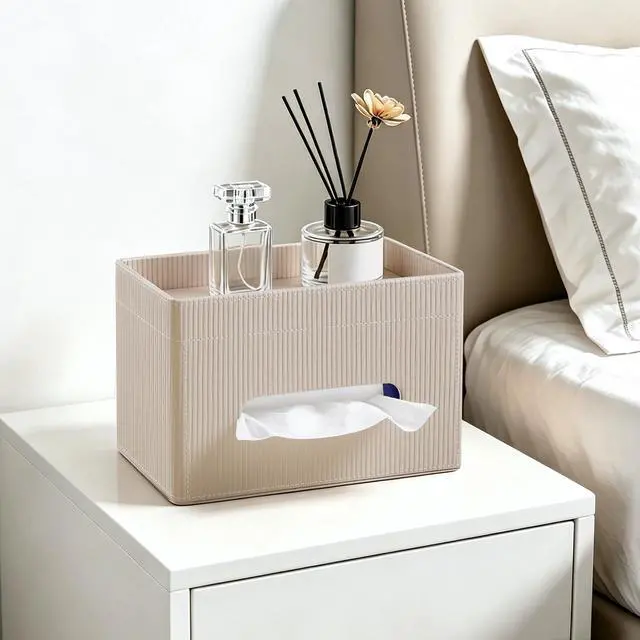 Alt view image 6 of 7 - Tissue Box Cover Rectangle with Storage Tray, PU Leather Tissue Holder for Bathroom Vanity Countertop Night Stands Bedroom Office Desk, Stylish Rectangular Tissue Box Holder (Beige)