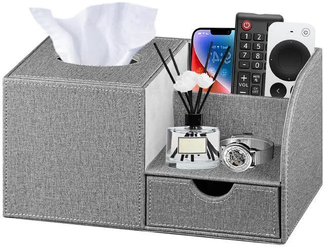 Main image of Nightstand Organizer with Tissue Holder,PU Leather Square Tissue Box Cover,Modern Facial Paper Organizer Storage Box for Remote Control,Bathroom,Vanity Countertop,End Table Home Office.Gray
