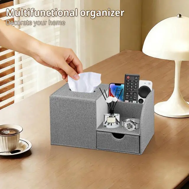 Alt view image 2 of 7 - Nightstand Organizer with Tissue Holder,PU Leather Square Tissue Box Cover,Modern Facial Paper Organizer Storage Box for Remote Control,Bathroom,Vanity Countertop,End Table Home Office.Gray