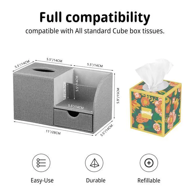 Alt view image 3 of 7 - Nightstand Organizer with Tissue Holder,PU Leather Square Tissue Box Cover,Modern Facial Paper Organizer Storage Box for Remote Control,Bathroom,Vanity Countertop,End Table Home Office.Gray