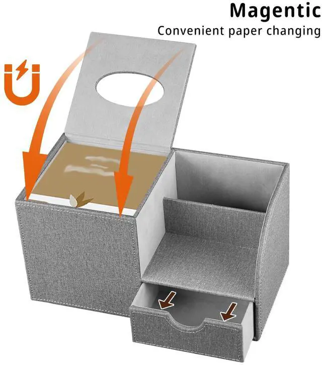 Alt view image 4 of 7 - Nightstand Organizer with Tissue Holder,PU Leather Square Tissue Box Cover,Modern Facial Paper Organizer Storage Box for Remote Control,Bathroom,Vanity Countertop,End Table Home Office.Gray