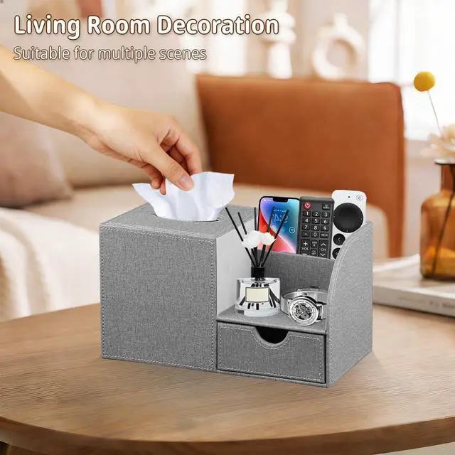 Alt view image 6 of 7 - Nightstand Organizer with Tissue Holder,PU Leather Square Tissue Box Cover,Modern Facial Paper Organizer Storage Box for Remote Control,Bathroom,Vanity Countertop,End Table Home Office.Gray