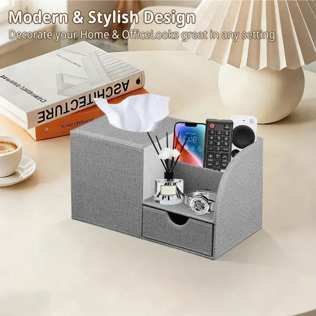 Alt view image 7 of 7 - Nightstand Organizer with Tissue Holder,PU Leather Square Tissue Box Cover,Modern Facial Paper Organizer Storage Box for Remote Control,Bathroom,Vanity Countertop,End Table Home Office.Gray