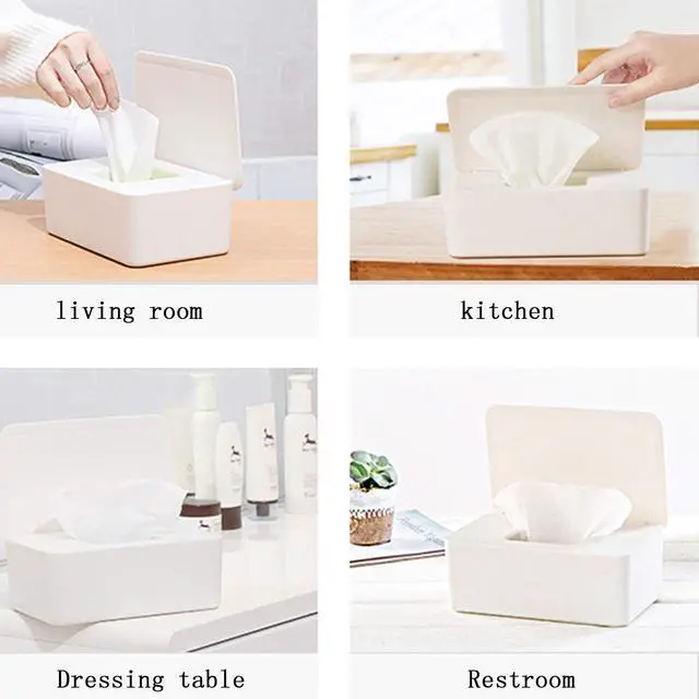 Alt view image 6 of 7 - White Tissue Box Cover, Refillable Baby Wipes Dispenser with Sealed Lid, Modern Desktop Tissue Box Holder Napkin Organizer Container for Bathroom Car Office