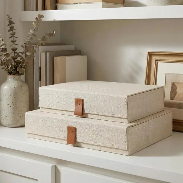 Main image of Decorative Photo Storage Boxes with Lids - Set of 2 Beautiful Linen Organizers Are Perfect to Safely Store Your Pictures, Documents, Scrapbooking Supplies, Keepsakes and Other Memories in Style