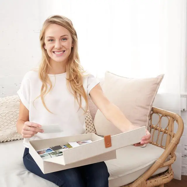 Alt view image 2 of 7 - Decorative Photo Storage Boxes with Lids - Set of 2 Beautiful Linen Organizers Are Perfect to Safely Store Your Pictures, Documents, Scrapbooking Supplies, Keepsakes and Other Memories in Style