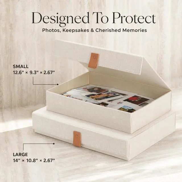 Alt view image 3 of 7 - Decorative Photo Storage Boxes with Lids - Set of 2 Beautiful Linen Organizers Are Perfect to Safely Store Your Pictures, Documents, Scrapbooking Supplies, Keepsakes and Other Memories in Style