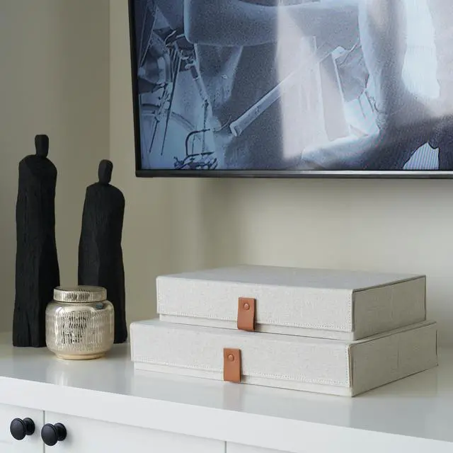 Alt view image 6 of 7 - Decorative Photo Storage Boxes with Lids - Set of 2 Beautiful Linen Organizers Are Perfect to Safely Store Your Pictures, Documents, Scrapbooking Supplies, Keepsakes and Other Memories in Style
