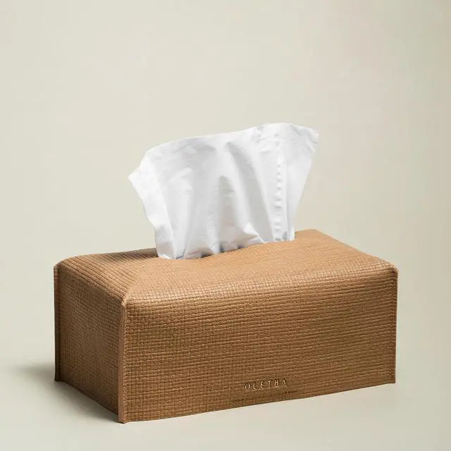 Main image of Aesthetic Rectangle Tissue Box Cover, Medium Flat Box Tissues Holder Rectangular, Raffia Embossing, Wheat
