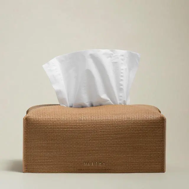 Alt view image 6 of 7 - Aesthetic Rectangle Tissue Box Cover, Medium Flat Box Tissues Holder Rectangular, Raffia Embossing, Wheat